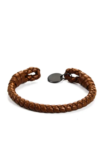 Bottega Veneta Unisex Adults Leather Intrecciato Braid Open Cuff Bracelet Brown