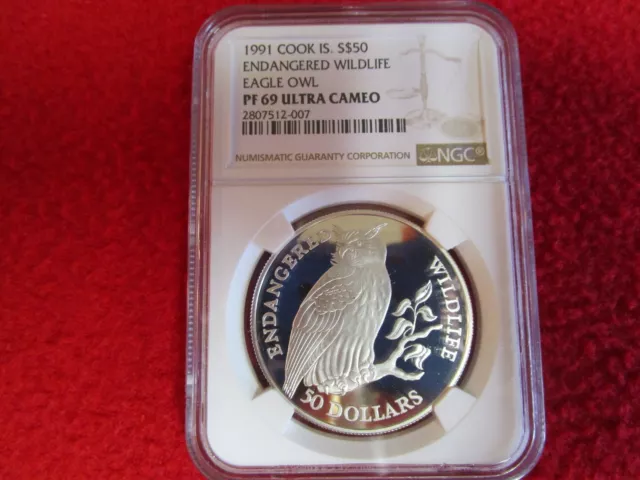 1991 COOK ISLANDS $50 .925 SILVER EAGLE OWL NGC PF69 Endangered Wildlife 3