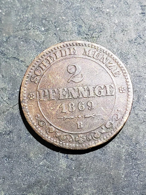 1869 B GERMAN STATES (SAXONY) 2 PFENNIG  Coin