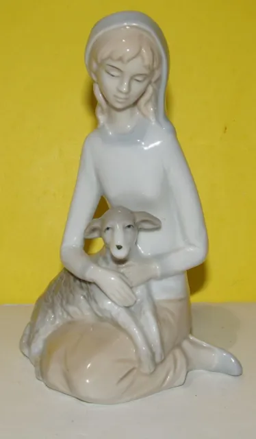 Vintage Girl Holding Lamb Porcelain Figurine Made in Japan Lladro Look