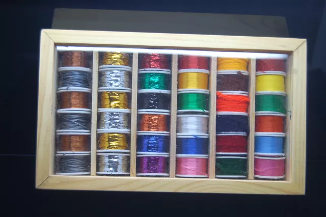 36 Spools Fly Tying Thread, Tinsel, Floss, Wool, Copper, Lead  in a Wooden Box