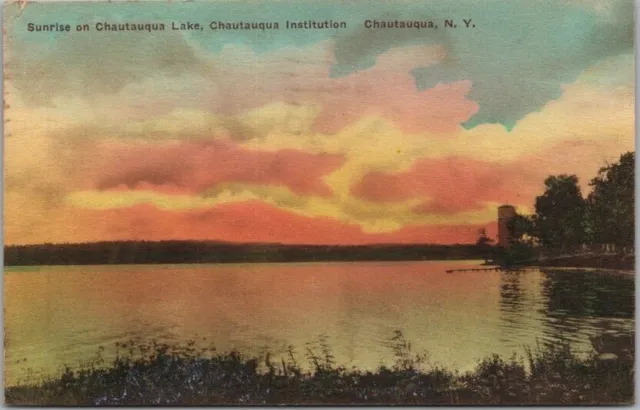 1927 CHAUTAUQUA LAKE, New York Postcard Lake View /  Hand-Colored Albertype