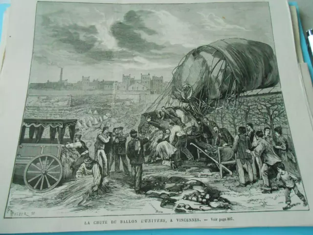Gravure 19èm - La chute du Ballon l'Univers à Vincennes