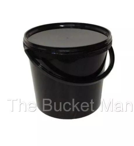 5 x 10 Ltr Litre Black Plastic Buckets Containers with Lids & Plastic Handles