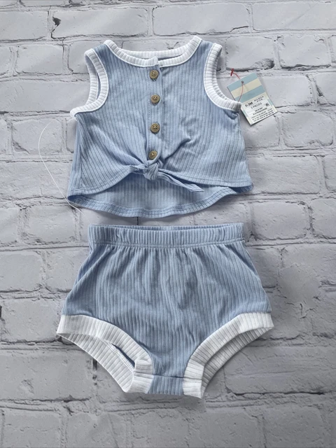 Cat & Jack 0-3 Months Baby Girl Outfit Baby Blue Ribbed Tie Front Buttons
