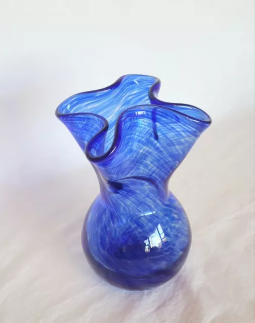 Cobalt Blue Art Glass Vase Hand Blown Swirl Ruffle Edge Abstract 6.5"