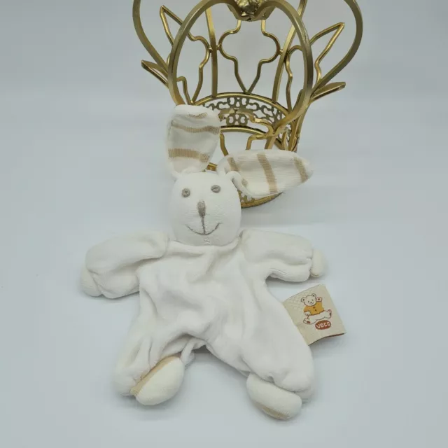 28 - Doudou Plat Lapin Blanc Beige Rayure Raye Marron Vaco Grelot Hochet Neuf