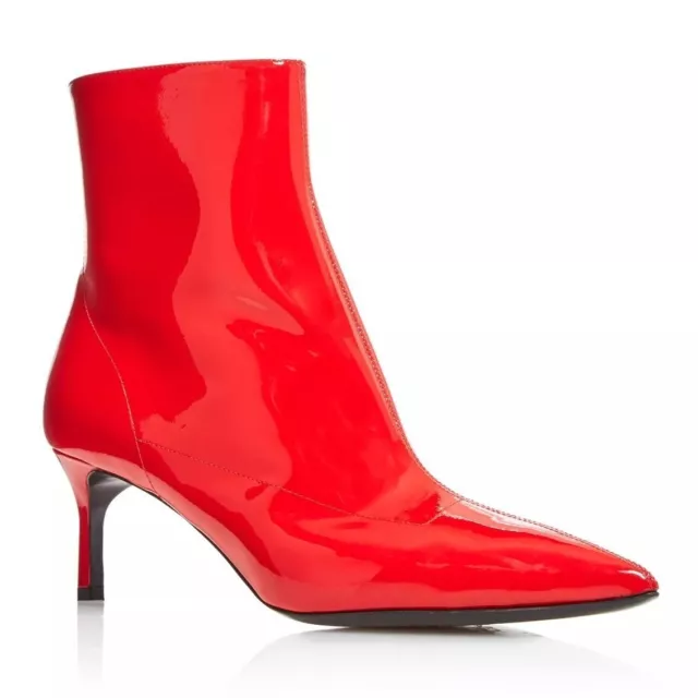 NEW Via Spiga 9 Baronne Pointed Toe Kitten Heel Booties Patent Leather Tango Red
