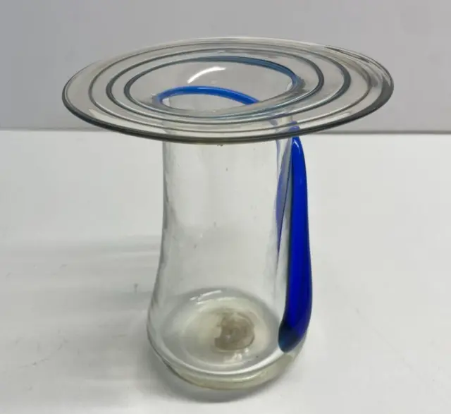 BLENKO Art Glass Blown Spiral Vase Applied Cobalt Swirls  with Broken point