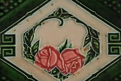 2 Pc Vintage F.M Fish Mark Rose Flower Embossed Ceramic Tiles,Japan 3