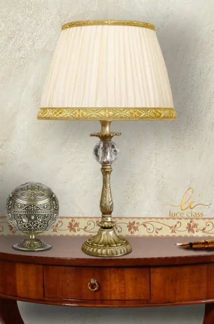 Lampada da tavolo comodino classica in cristallo e ottone con paralume plissé