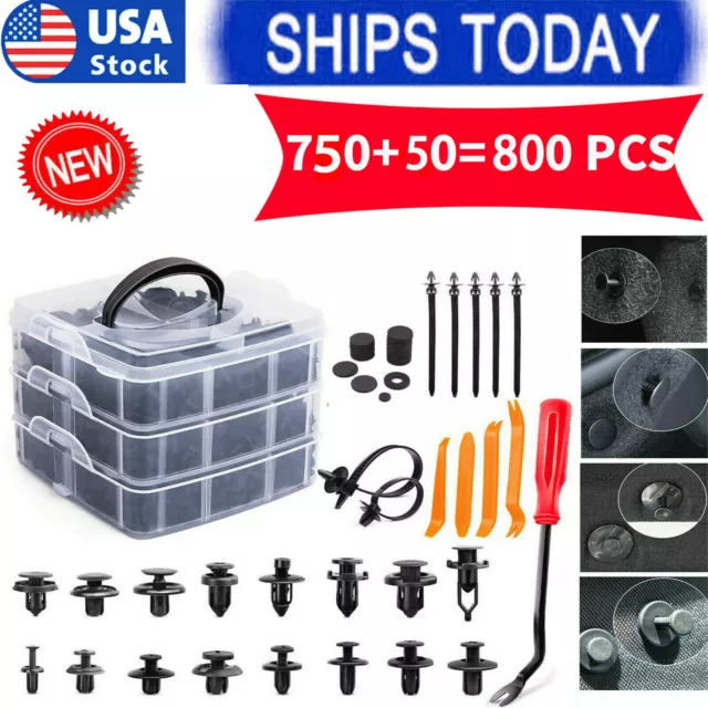 800pcs Car Retainer Auto Fasteners Push Trim Plastic Clips Pin Rivet Bumper Kit