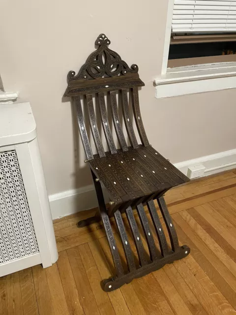 19th Century Antique Middle Eastern Moorish Wood Inlaid Folding Chair