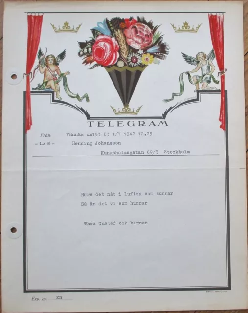 Swedish Telegram 1942 Color Litho w/Angels-Ernst Soderberg/Artist-Signed, Sweden