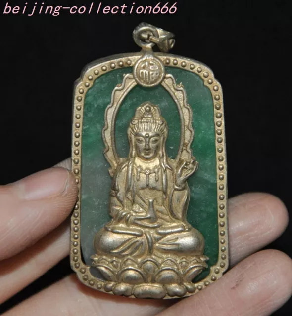 2" Tibet silver 100% Natural Emerald Green Jade Jadeite guanyin Exorcism Pendant