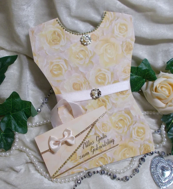 GLÜCKWUNSCHKARTE GELDGESCHENK GEBURTSTAG KLEID mit TASCHE Creme Gold XL
