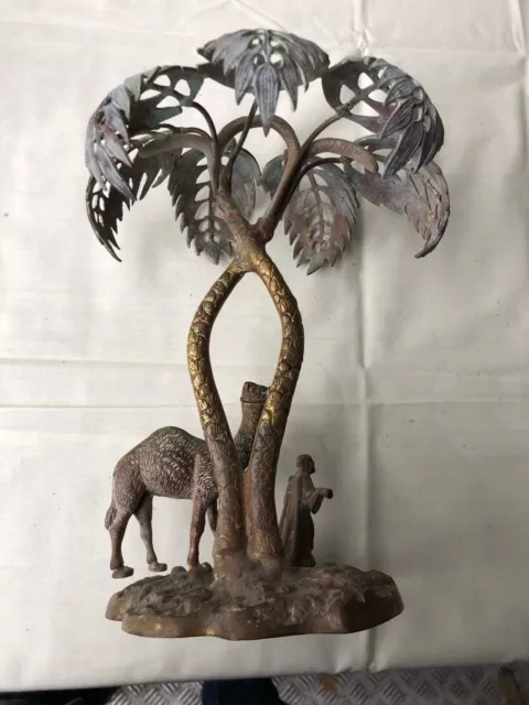 unusual brass model of a camel under a palm tree