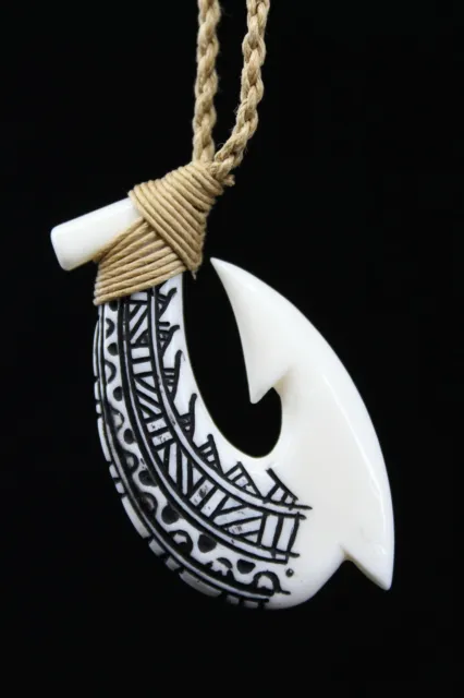 Hawaiian Fish Hook Necklace ( Buffalo Bone ) - Hand Carved, Tribal Design, Maui