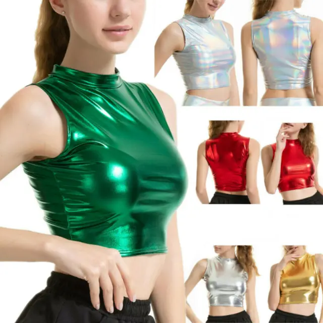 Women's Shiny Metallic Sleeveless Crop Tops Shirt Rave Dance Tank Vest Clubwear