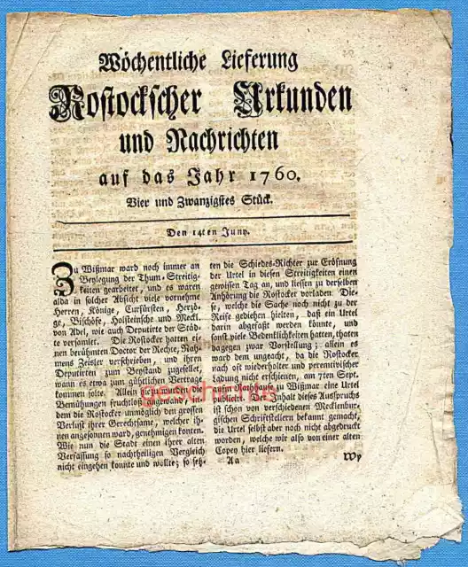 Mecklenburg, Rostocksche Zeitung, Urkunden und Nachrichten, 24. Stück, um 1760 !