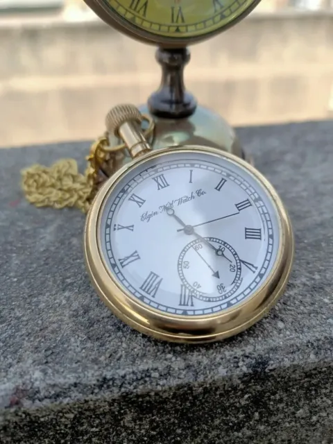 Vintage Antique Engraved Brass Elgin Pocket watch W/ Chain Vintage Helloween Gif