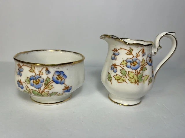 VTG SET Royal Albert Creamer and Open Sugar Bowl Blue Pansies Gold Trim England