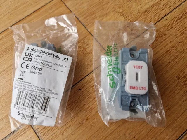 2 x interruptor de rejilla llave de doble polo Schneider Lisse 20A marcado 'PRUEBA EMG LTG'