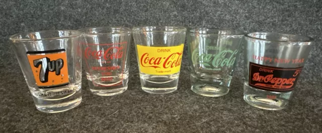 Vintage MCM Shot Glass Lot of 5 Glasses: Coca-Cola ~ Dr. Pepper ~ 7up ~Very Nice