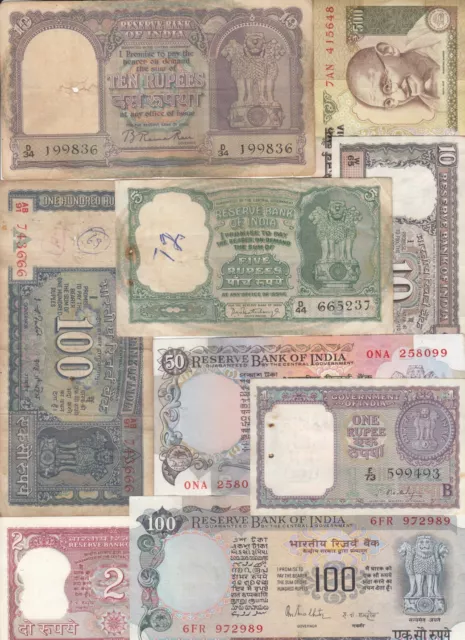 India, Set of 9, All Different Old Issue Banknotes, Rare Collection