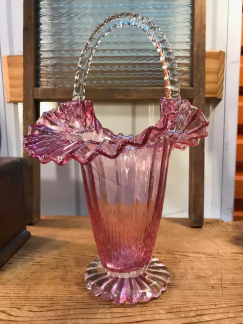 Lovely Retro Vintage Handmade Murano Italian Pink Art Glass Basket 3