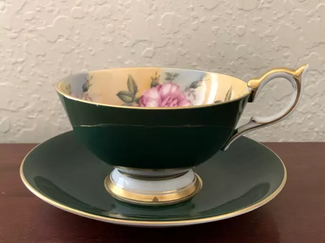 Vintage Aynsley England Footed Cup & Saucer Pink Roses Green w/ Gold Trim 2969 2