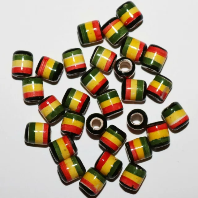25 Keramik Perlen Peru: 6 mm Walze Zylinder Rasta Perle gelb rot grün, Schmuck