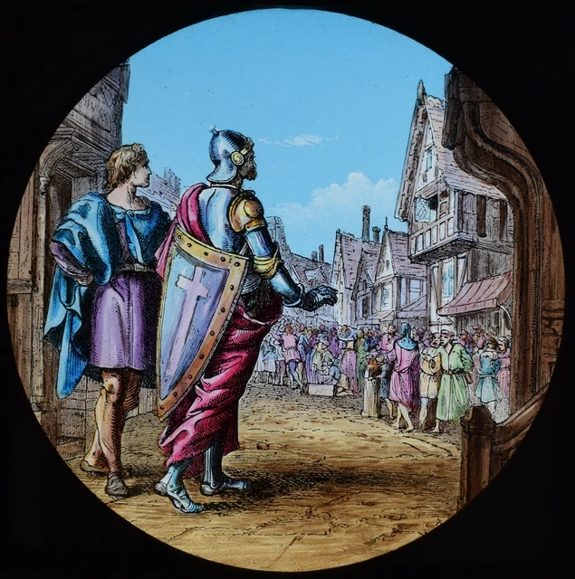ANTIQUE Magic Lantern Slide PILGRIMS PROGRESS NO61 C1890 KNIGHT IN TOWN STREET