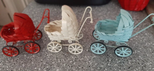 3 Mini Antique Vintage Wicker Baby Carriages Hooded
