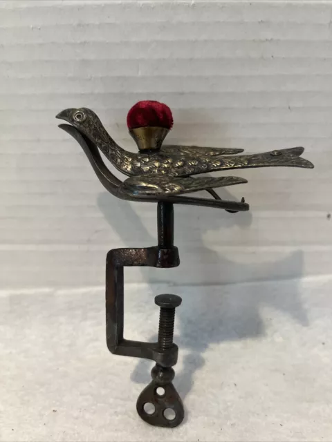 Antique Embossed Victorian Spring Loaded BIRD Clamp, Velvet Pin Cushion, Sewing