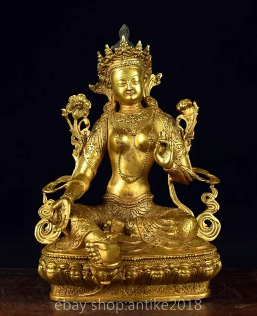 12" Chinese Tibetan Buddhism Copper Gilding Sit Padmapani Lokeshvara Tara Statue