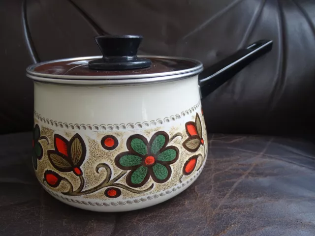 ancienne petite casserole émaillée décor fleur cuisine rétro vintage 70 80