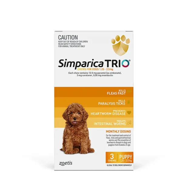 SIMPARICA TRIO Dog - Flea Tick Heartworm Worms - 3, 6, 12 pk - FREE SHIPPING
