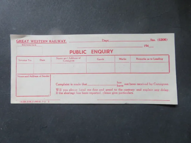 Vintage Unused GWR Public Enquiry Form