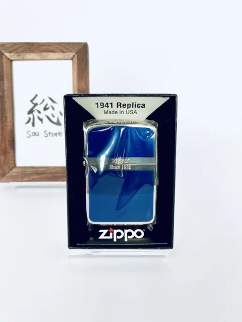 Zippo 1941 Reprint Replica Silver Blue Double Sided Printing Oil Lighter Japan