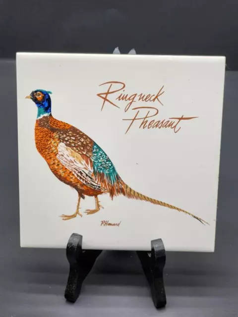 RINGNECK PHEASANT Vintage TILE Screencraft Hand Decorated USA 6" X 6" CORK Back