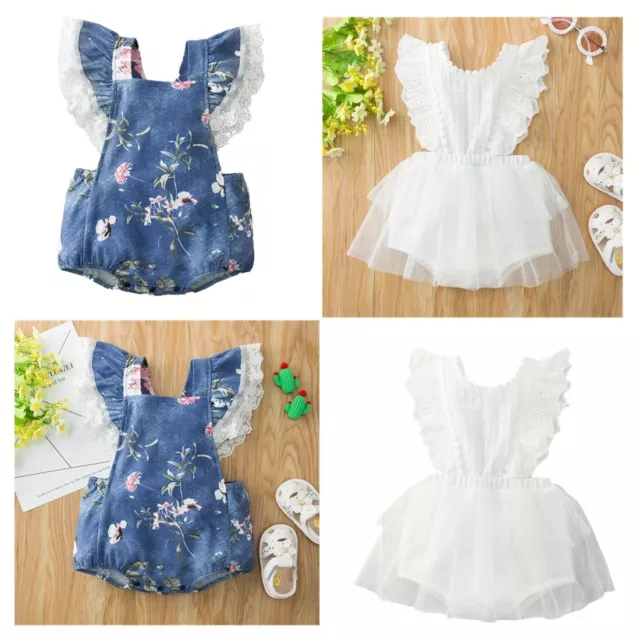 Newborn Baby Girl Romper Dress Lace Baptism Flying Sleeves Floral Summer Clothes