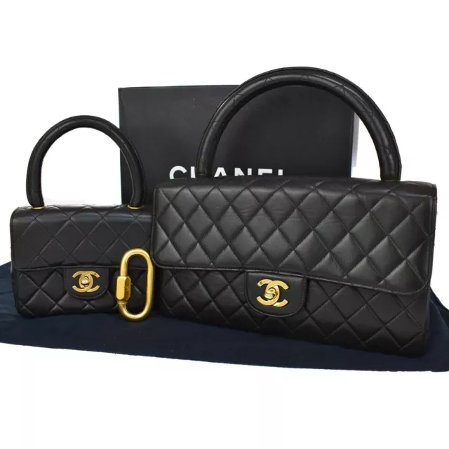 Chanel Parent Hand Bag Black Top Handle Quilted Flap Lambskin L19