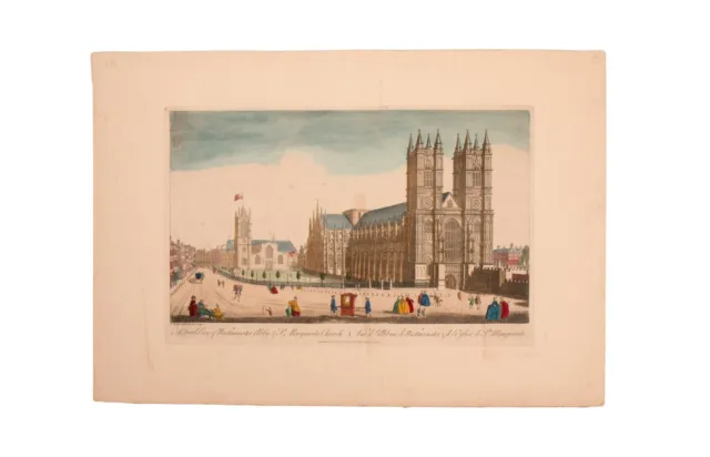 Antique Hand Colored Engraving Print Westminster Abby St. Margarets Church 18 c.