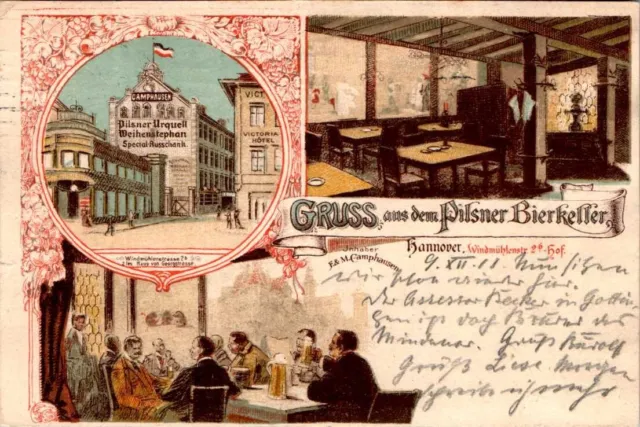 LITHO GRUß AUS HANNOVER PILSNER BIERKELLER 3 BILD COL. 1911