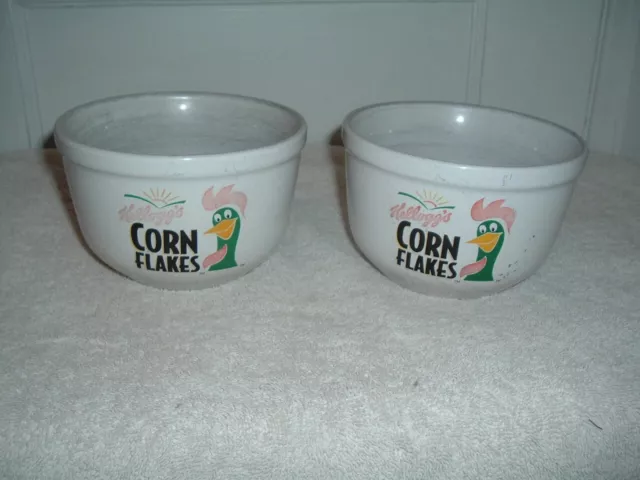 2 Vintage Kellogg's Corn Flakes Large White Ceramic Cereal Bowls Rooster 1999
