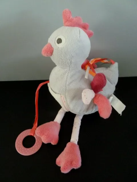 98. DOUDOU PELUCHE OBAIBI OISEAU POULE GRIS ROSE RUBAN MIROIR POCHE 38 cm - TTBE