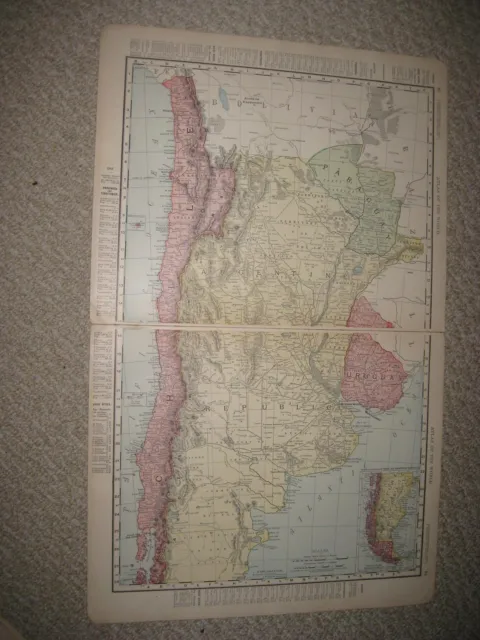 Antique 1898 Argentina Chile Paraguay Uruguay Patagonia South America Map Fine N