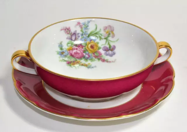 Theodore Haviland Limoges Bordeaux Fleurs Ensemble Crème Soupe Bol & Soucoupe