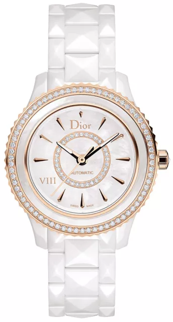 New Women's Christian Dior VIII White Ceramic & Rose Gold Watch CD1235H1C001